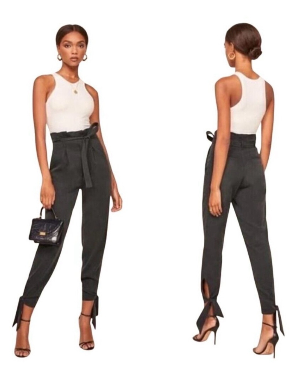 Reformation Black High-Waist Tie Ankle Pants